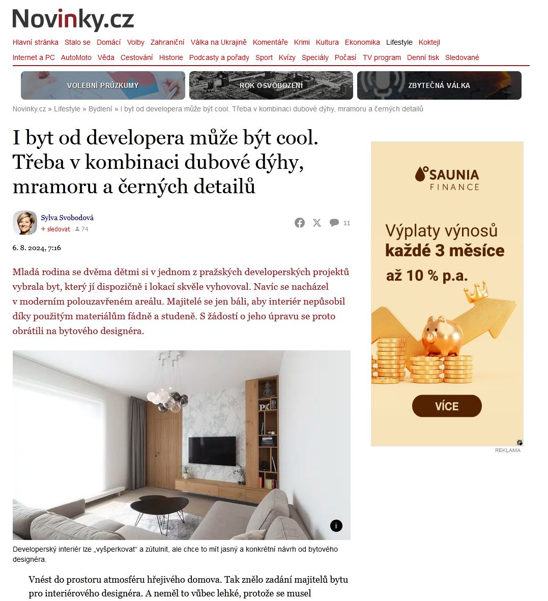 Článek o designu bytu v developerském projektu od designéra Jindřich Vintra ze studia Beligi design.